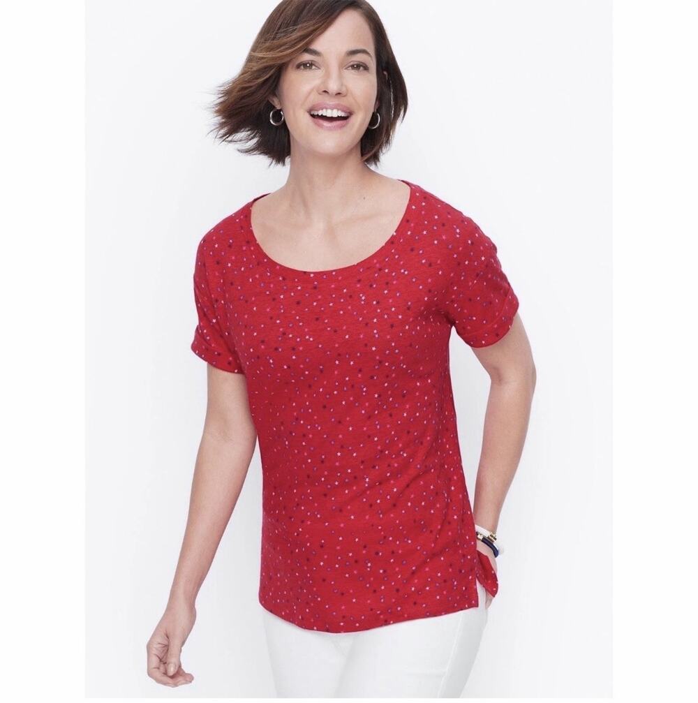 Talbots 100% Linen Cotton Blend Red Stars T Shirt XS Coastal Patriotic Beachy